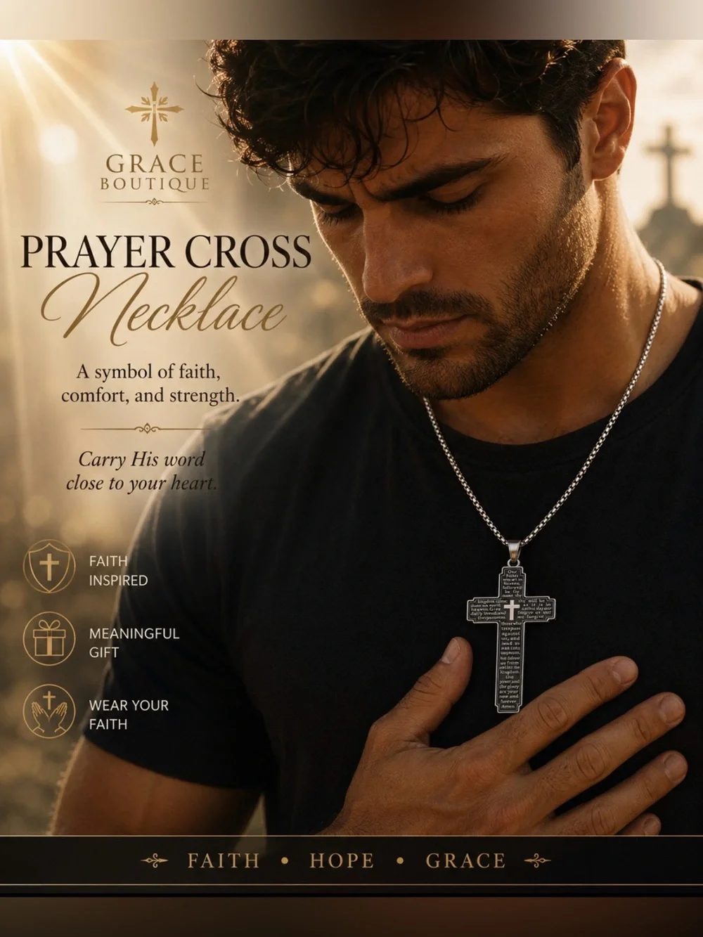 Grace Boutique Prayer Cross Necklace - Silver Cross on Silver Chain